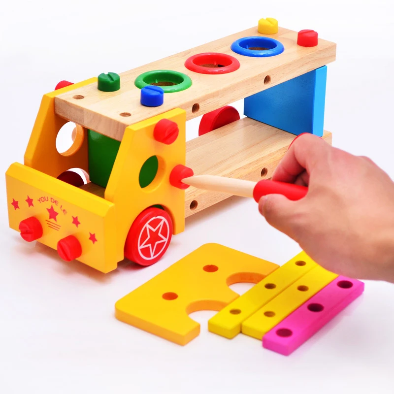 

Wooden assembled screwdriver multifunction knock the ball screw car assembly car model puzzle toys for children kids