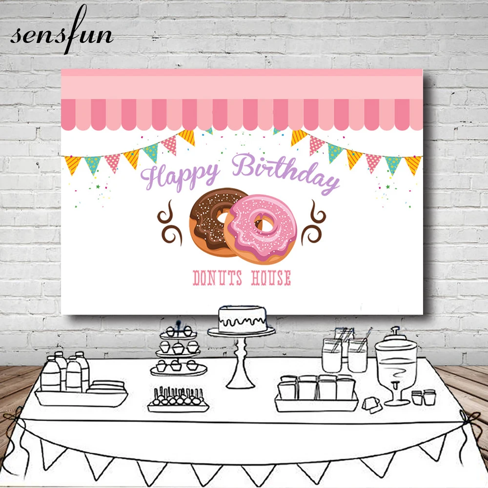 

Sensfun Delicious Donut Wall Backdrop For Photo Studio Pink White Bunting Girls Birthday Party Backgrounds For Photo Studio