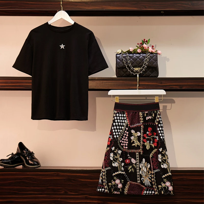2019 Лето Плюс Размер юбка с цветочной вышивкой костюм женские бриллианты