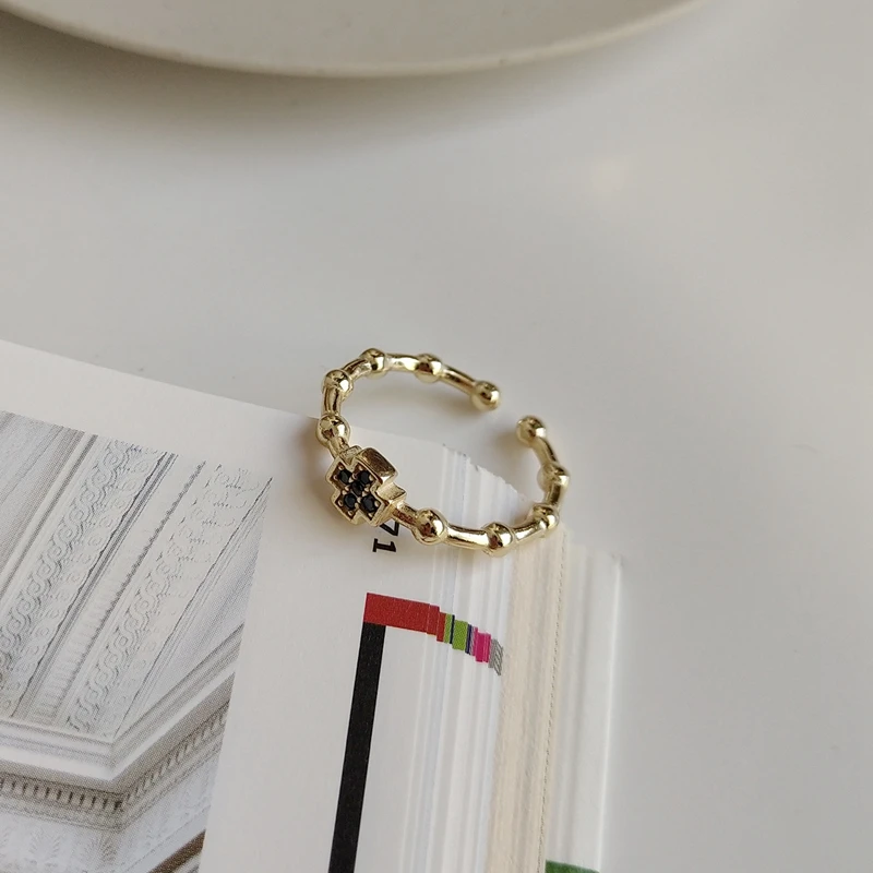 LouLeur, серебро 925 пробы, крест, черный циркон, круглые кольца из бисера, золото, простые, элегантные, тонкие, открытые, женские кольца, 925 серебряные ювелирные изделия