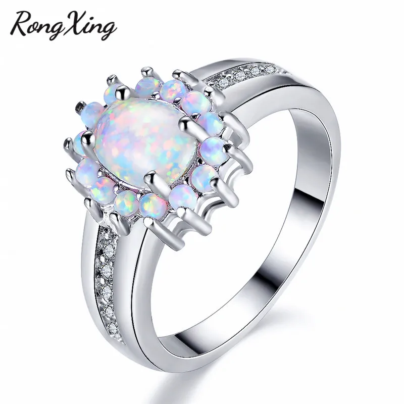 RongXing Stylish White/Blue Fire Opal Oval Birthstone Rings For Women Silver Color Zircon Rainbow Jewelry RP0152 | Украшения и