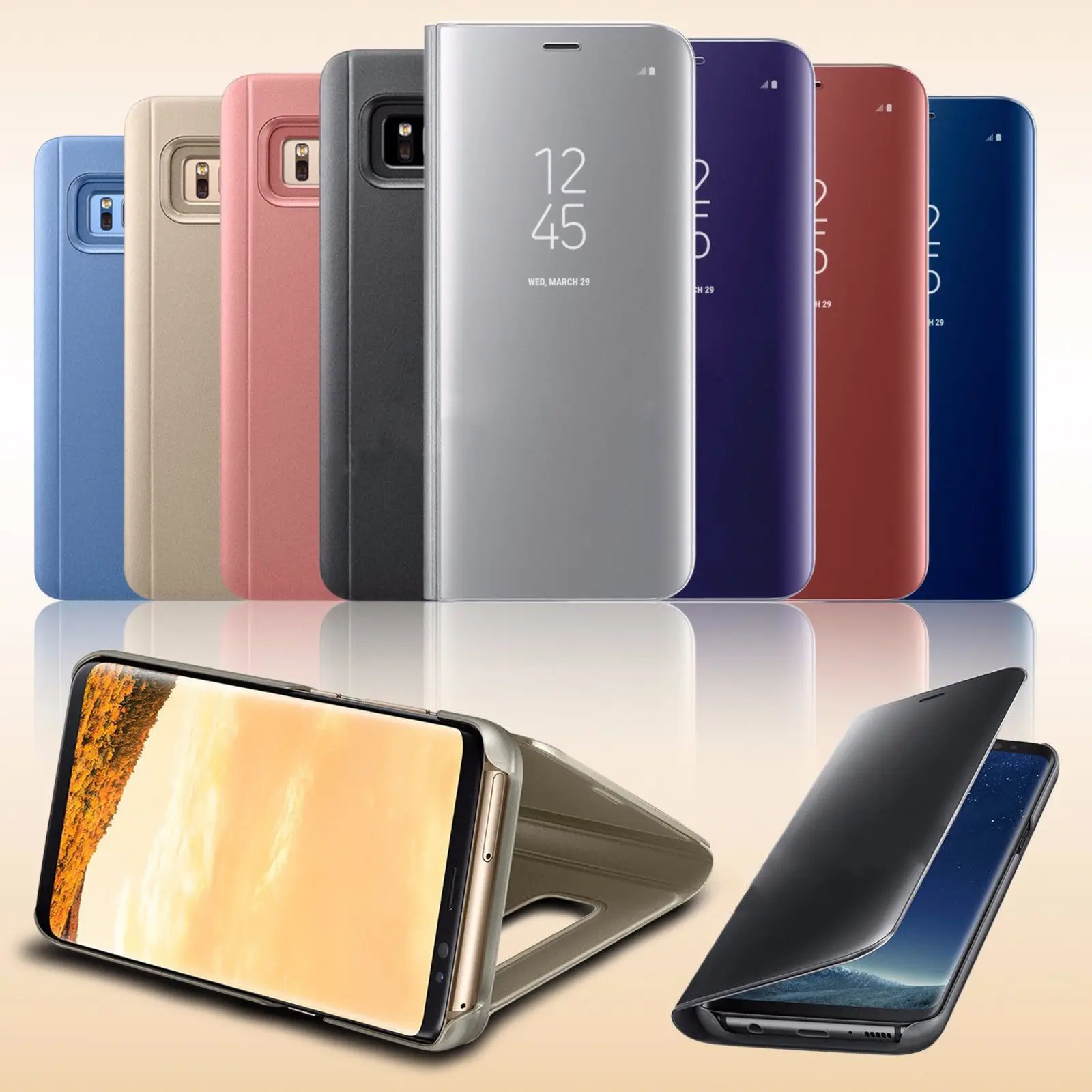 Clear View Smart Case For Samsung Galaxy A5 A7 A8 2018 J3 J5 J7 Flip Mirror Stand Cover iPhone X 8 S9 S8 Plus S7 Edge |