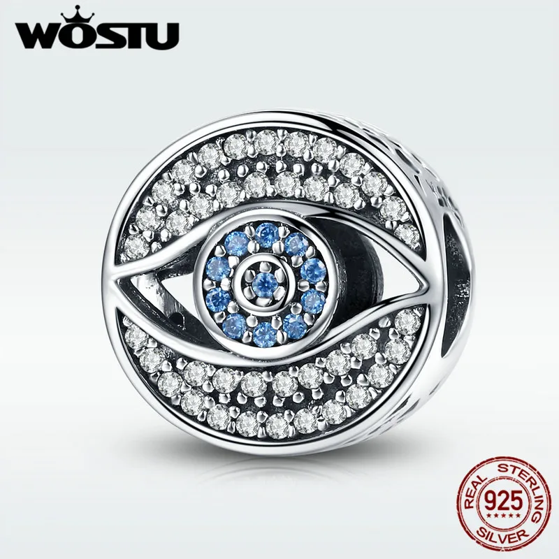 WOSTU 925 пробы серебряные прозрачные и синие кубические циркониевые синие Бусины для защиты глаз для женщин браслет BKC565