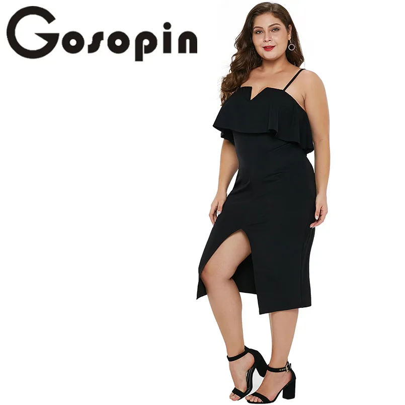 Gosopin Slit Plus Size Dress Ruffle Sexy Women Summer 2019 Elegant Party Ladies Fashion Spaghetti Strap Dresses LC610931 | Женская
