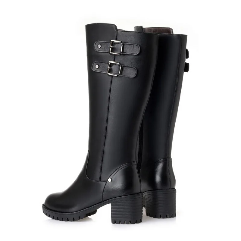 WETKISS Knee High Cow Leather Woman Boots Zip Round Toe Footwear Warm Heels Female Snow Boot Platform Shoes 2018 New | Обувь