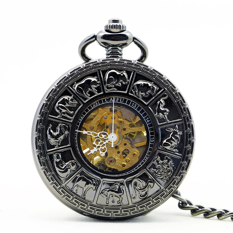 5pcs/lot Retro Mechanical Pocket Watch Men Hollow Skeleton Chinese 12 Zodiac Animals With Chain PJX1150 | Наручные часы