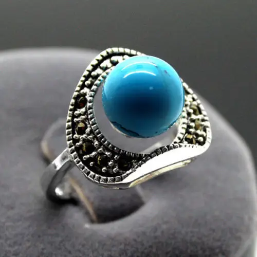 

wholesale New Pretty 6mm Blue Natural Turquoise Beads 925 Sterling Silver Marcasite Ring Size 7-10