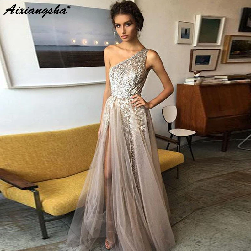 ТРАПЕЦИЕВИДНОЕ сексуальное платье на одно плечо vestidos de gala, выпускное вечернее платье с разрезом сбоку, фатиновое блестящее платье для выпускного с пайетками, длинное