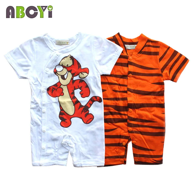 Комбинезон детский в полоску с коротким рукавом рисунком тигра A1030 | Мать и