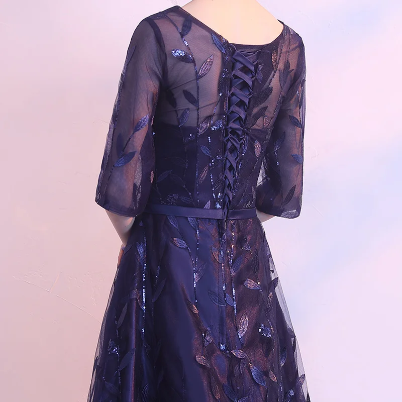 Robe De Soiree/темно синее вечернее платье с круглым вырезом и короткими рукавами