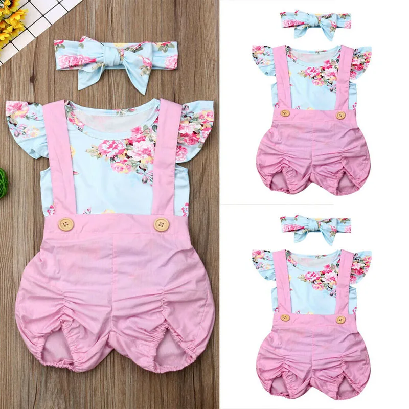 Lovely Girls Floral Romper Overalls Short Sleeve Top+Pink Overalls+Headband 3Pcs Set Cute Outfits New |
