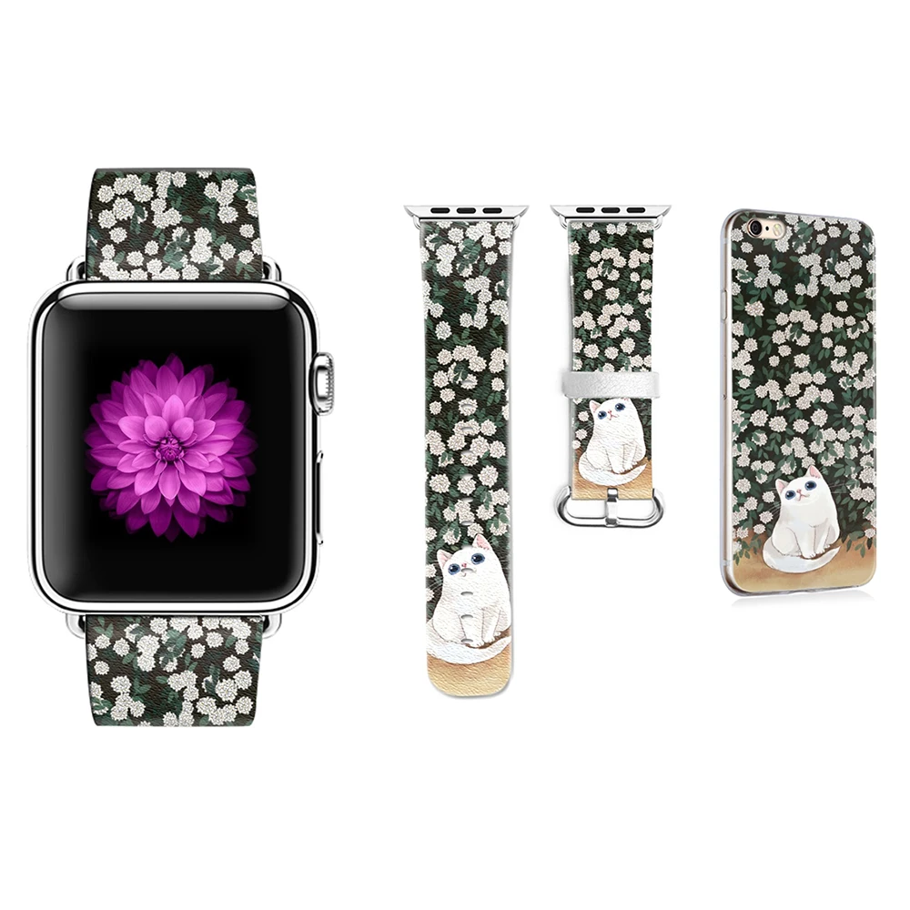 Ремешок с цветочным узором DiY для Apple Watch 38 мм 42 мм 40 мм 44 мм кожаный браслет для iWatch Series 2 3 4 ремешок подарок для IPhone чехол