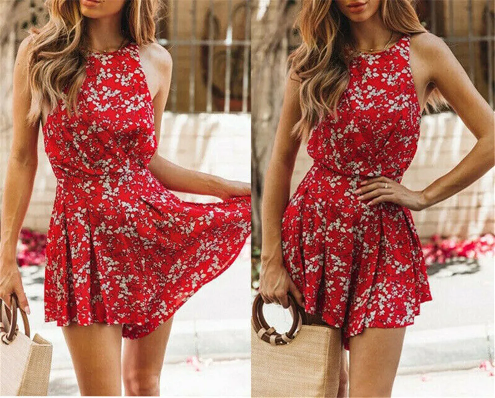 Женский комбинезон с цветочным принтом Boho короткий пляжный открытой спиной без