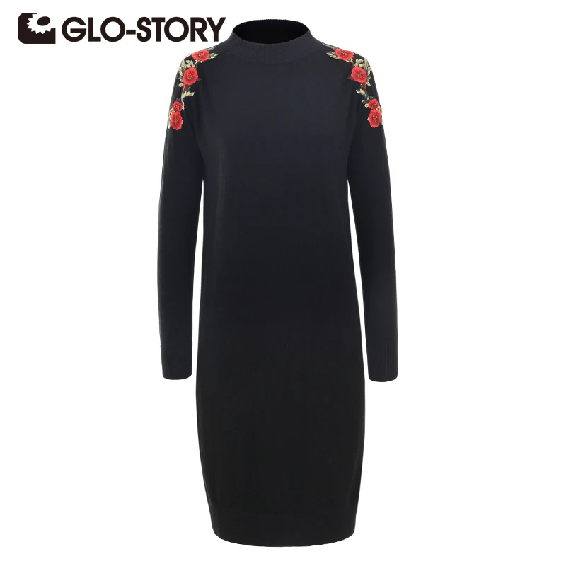 

GLO-STORY 2018 новые женские платья-свитера с высоким воротником, черные вязаные элегантные свободные женские свитера с вышивкой, платье 5680