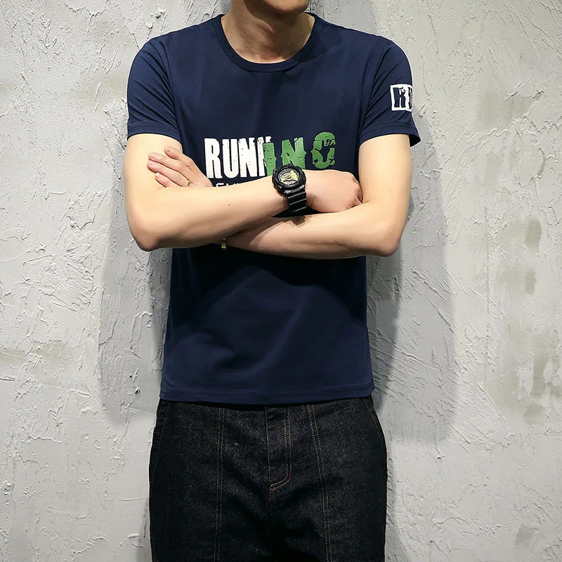 Летняя модная футболка с буквенным принтом 2017 Мужская для фитнеса Homme уличная