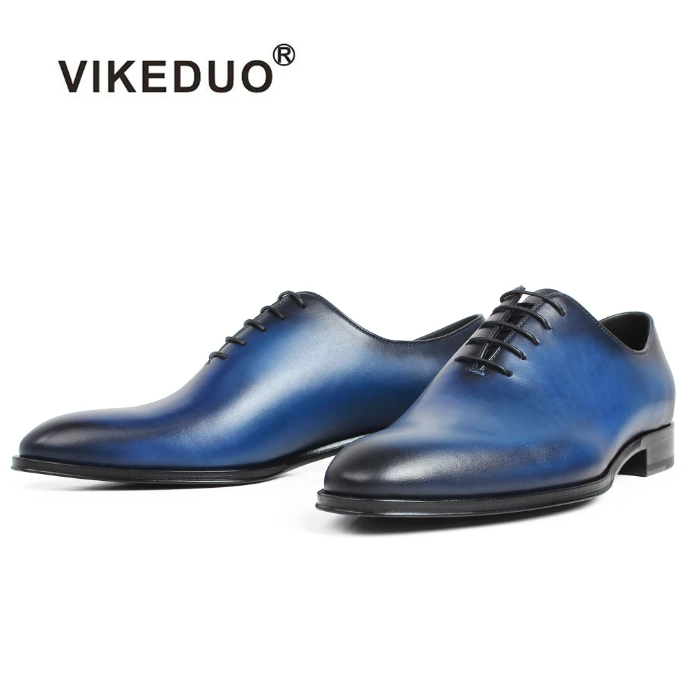 

VIKEDUO Plain Blue Handmade Oxford Dress Shoes Male Genuine Cow Leather Patina Mans Footwear Wedding Office Formal Zapato Hombre