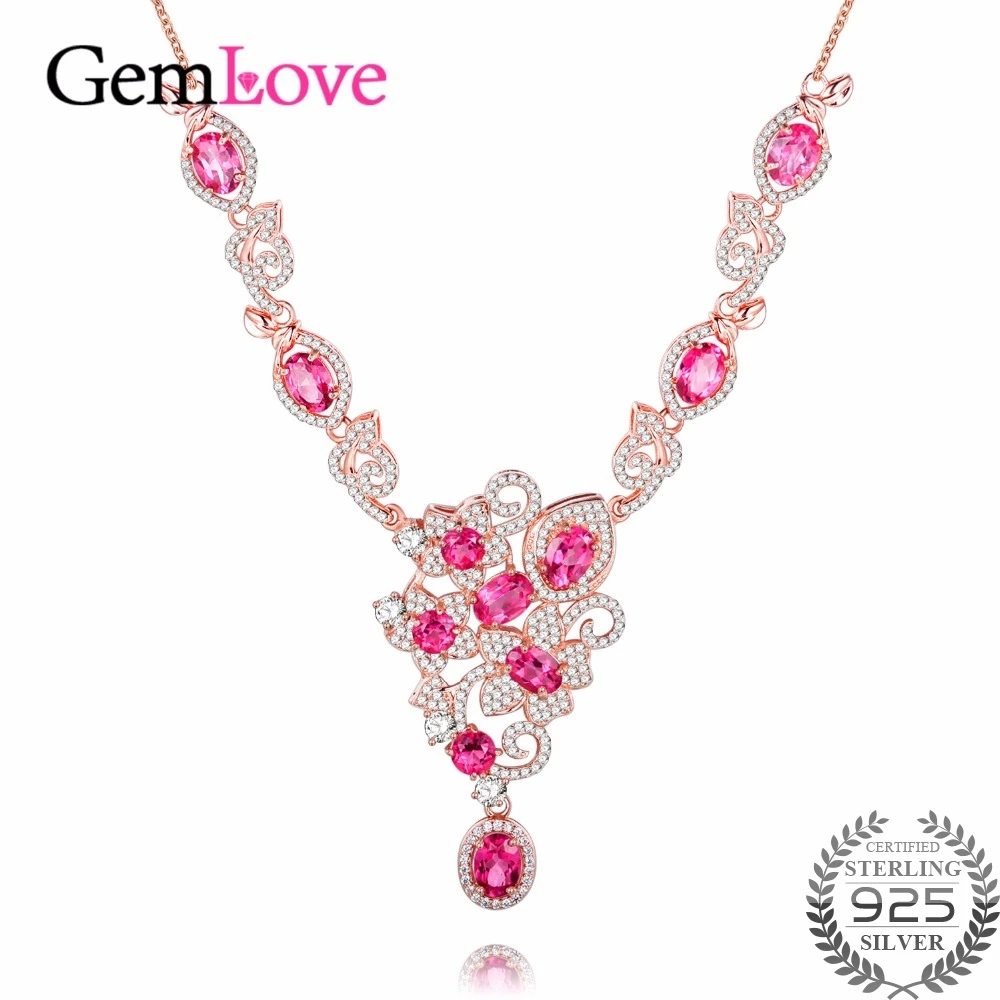 Gemlove стерлингового серебра 925 Розовый Топаз Цепочки и ожерелья розового золота