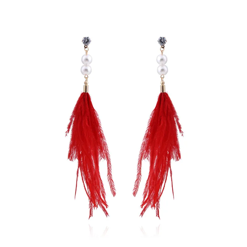 Женские серьги капельки Boho длинные из натурального страусиного пера с