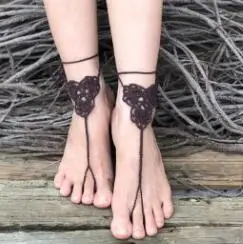1 Pairs Trendy Handmade Crochet Barefoot Sandals Beach Yoga Anklet Jewelry Geometric Pattern Bridal Wedding Anklet Accessories - Color: coffee
