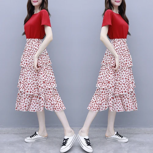 Korean Red Women Skirt Set Short Sleeve 2 Piece Womens Tops And Blouses Floral Maxi Outfit Woman Top Sets |