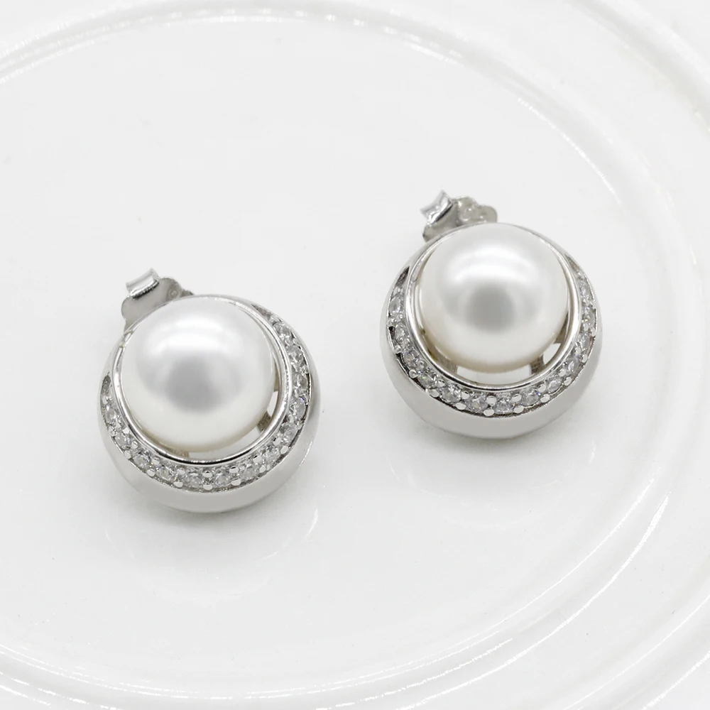 Pearl Earrings 925 Sterling Silver Freshwater with Clear CZ Stud Classic Jewelry Accessories for Women Gift|Серьги-гвоздики| |
