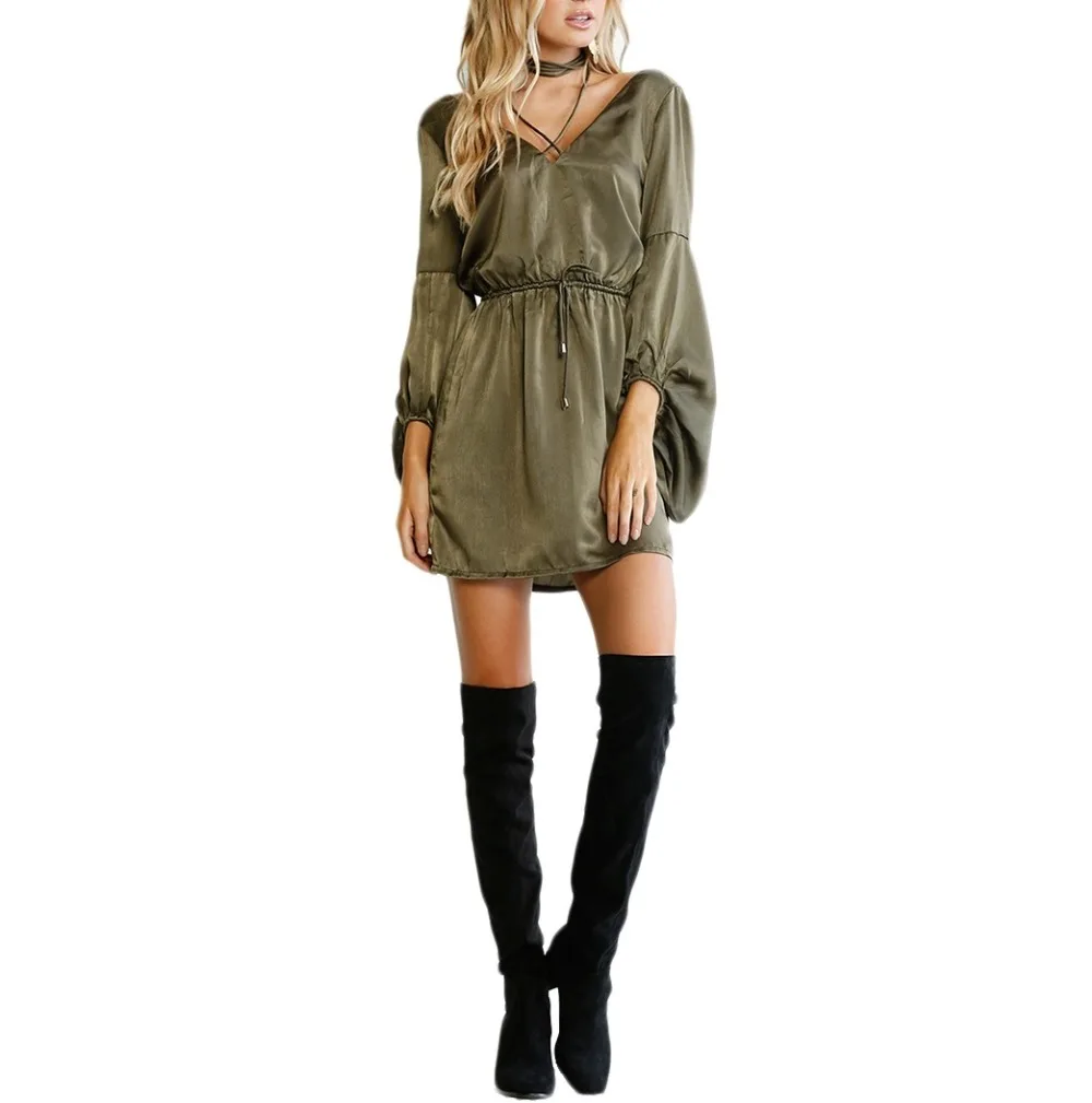 Фото Army Green Women Spring Party Dresses Long Sleeve Ladies Sexy Club Dress 2018 Drawstring waist tie 0124-68 Женская одежда Army Green Women Spring Party Dresses Long Sleeve Ladies Sexy Club Dress 2018 Drawstring waist tie 0124-68 Женская одежда