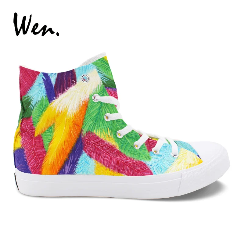 

Wen Colorful Feathers Hand Painted Shoes Female Casual Laced Flat Original Design Graffiti Sneakers Male Canvas Plimsolls Sapato