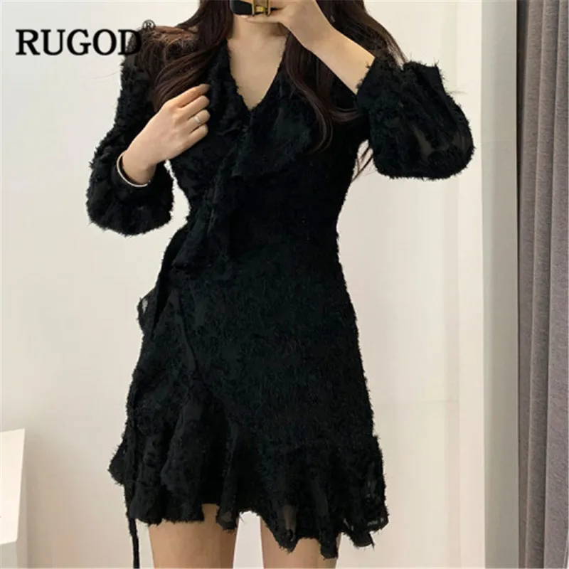 RUGOD 2019 элегантные женские кружевное платье с v-образным вырезом длинными рукавами