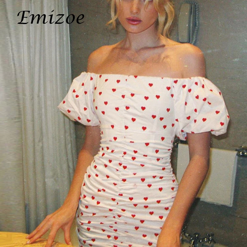Женское платье с открытыми плечами Emizoe летнее Мини Платье принтом в форме сердца