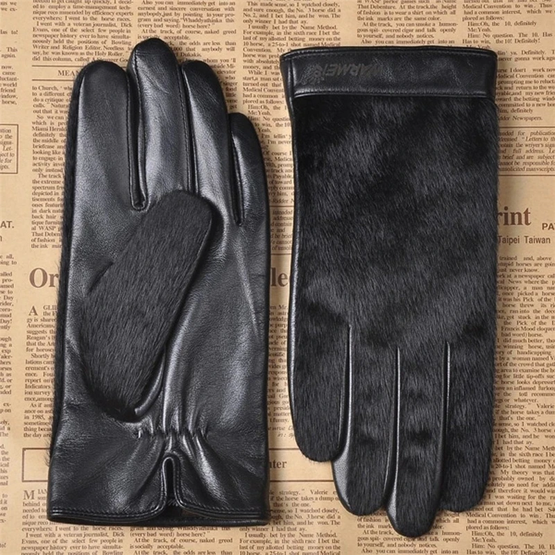 

Genuine Leather NEW 2018 Men Gloves Fashion Black Fur Sheepskin Gloves Autumn Winter Thermal Velvet Driving Gloves M030NC-5