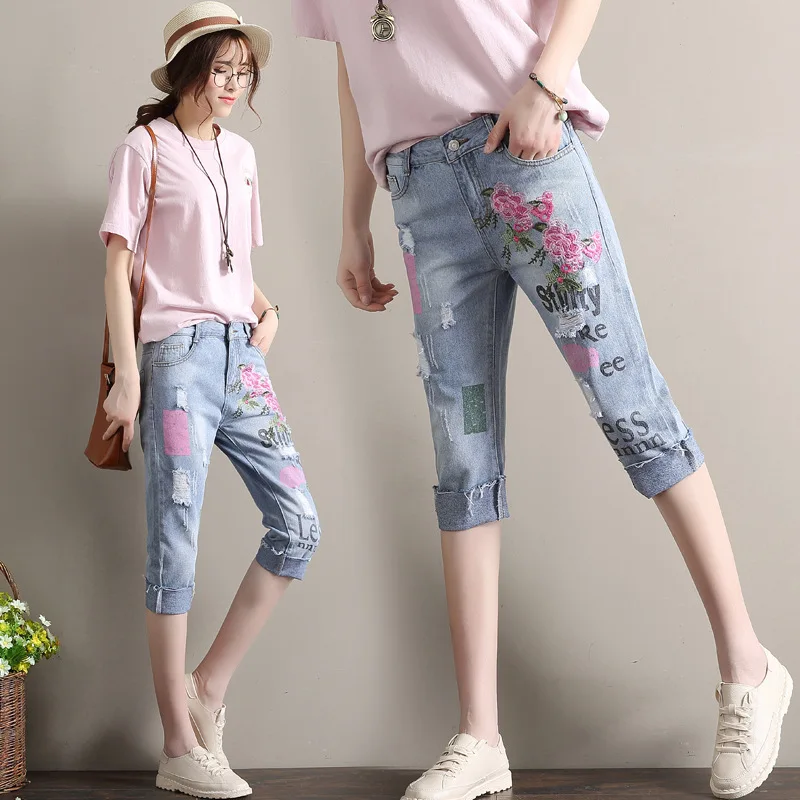 Летняя Новинка 2017 г. Джинсы Женская Корейская свободная Вышивка узор большой