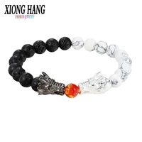 xionghang fashion black and white beads bracelet natural stone black lava bead two dragon play one ball male female jewellery