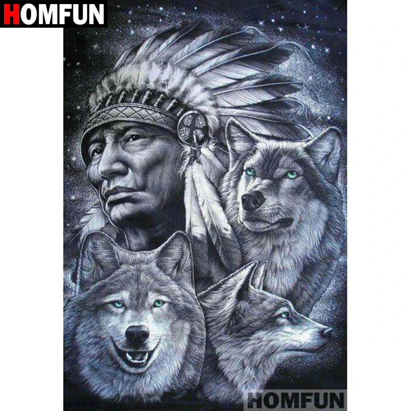 Алмазная живопись HOMFUN A07043 полноразмерная/круглая вышивка индейский волк