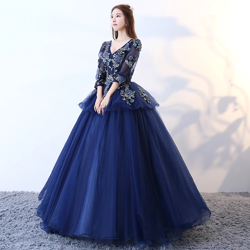 Vestido De 15 Anos темно синие пышные платья бальное платье с рукавом три четверти Debutante