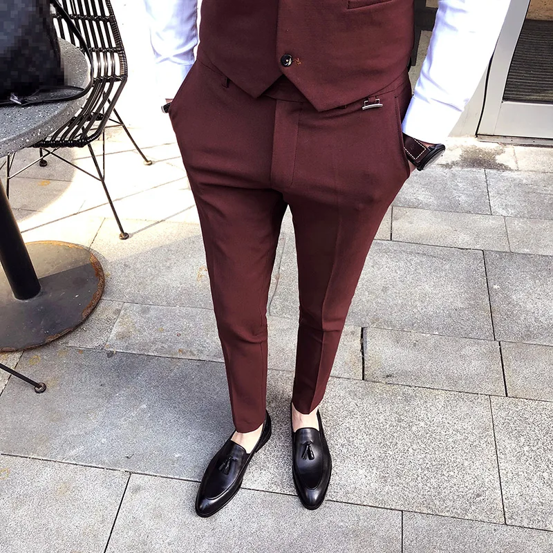 

Pure Color mens vest + pants Black Khaki Wine Red Fashion Business Casual Vests men Asian size S-3XL waistcoat men pant Slim fit