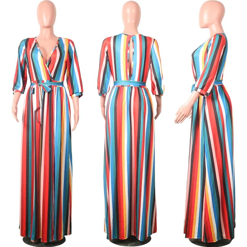 

Sexy Striped Fashion Autumn Long Sleeve Backless Long Sexy Dress Striped Print Women Spring Fall V-Neck Dresses with Sashes