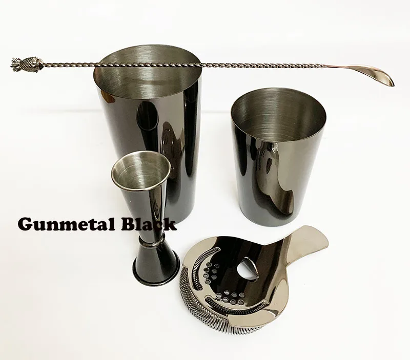 Gunmetal Black Бостонский шейкер бар набор: 18 унций и 28 унций Бостонский шейкер оловянный, ситечко для коктейлей, двойной мерный стаканчик, ложка для смешивания ананаса - Цвет: Gunmetal Black