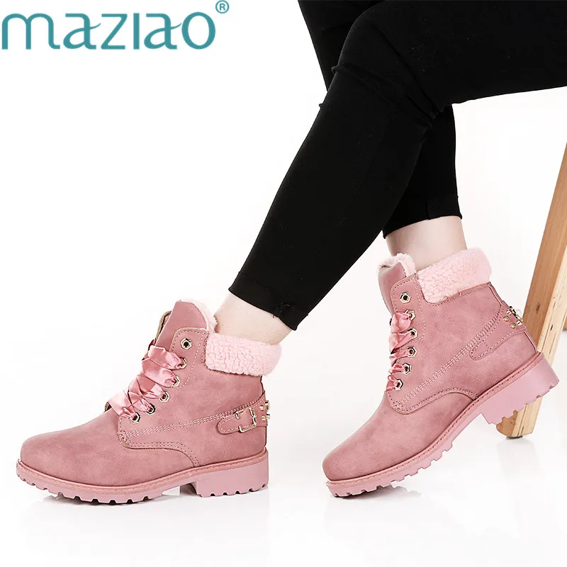 New Pink Women Boots Lace up Solid Casual Ankle Booties Round Toe Shoes winter snow boots warm british style MAZIAO | Обувь
