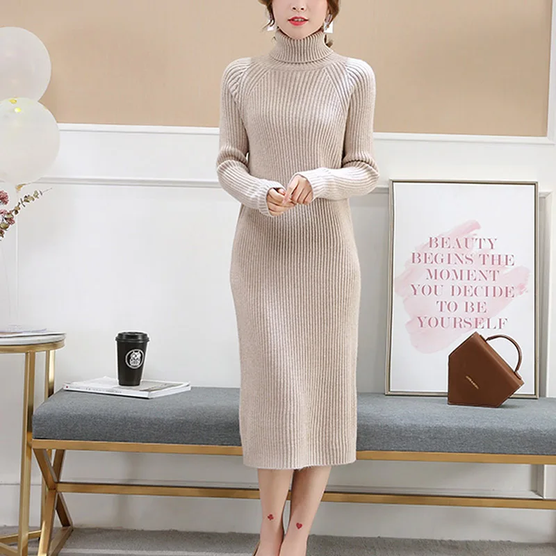 khaki Direcly2018 женский длинный свитер с высоким воротом женские головы осень и зима тонкий вязаный платье дамы выше колена нижнее платье - Цвет: khaki