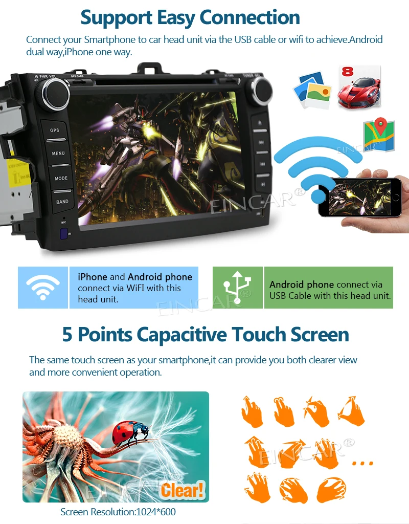 EinCar Беспроводной Камера + Android стерео 7 &quot1024*600 двойной Din автомобильный DVD/CD плеер