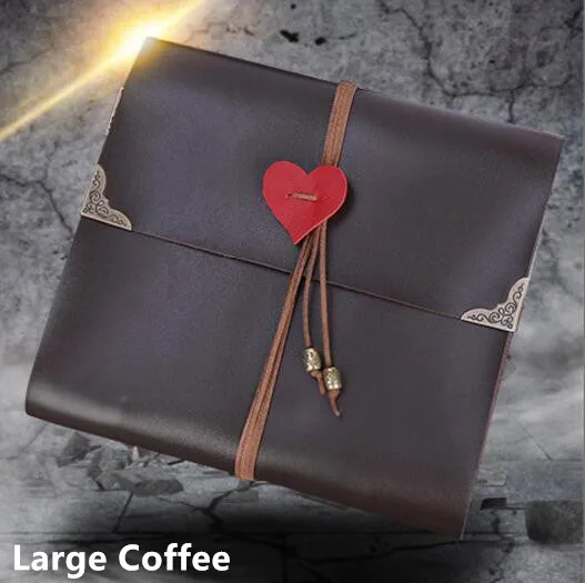Large Coffee 5/10/12 дюймов Винтаж ПУ Обложка фотоальбомы «любящее сердце» веревка Комплект путешествия DIY Детские подарки на день рождения маленьких книга памяти черными страницами - Цвет: Large Coffee