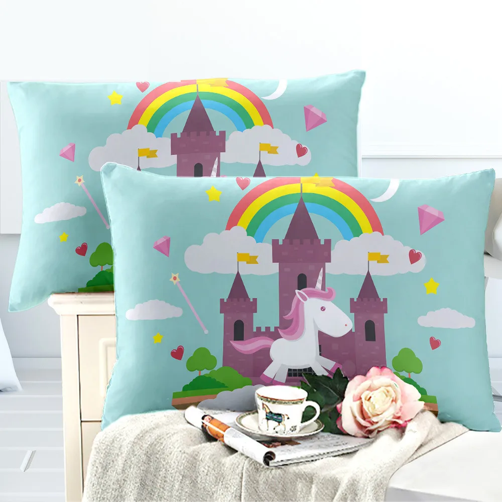 Детский мультяшный чехол для подушки с милым единорогом и сердцем разноцветное