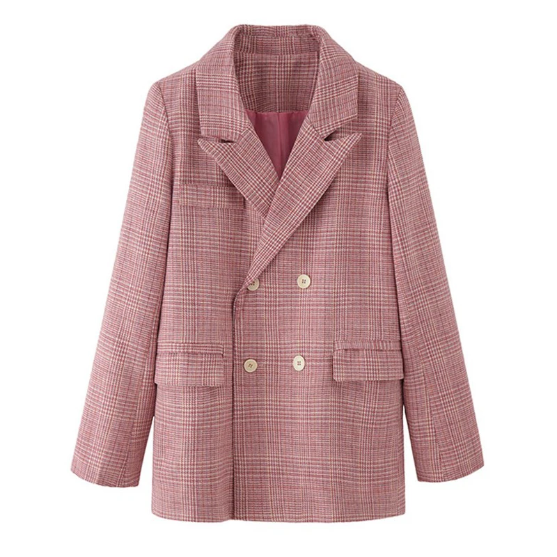 

PERHAPS U Pink Gray Plaid Notch Collar Long Sleeve Double-breasted Pocket Loose Suit Slim Fit Casual Chic Blazer C0147