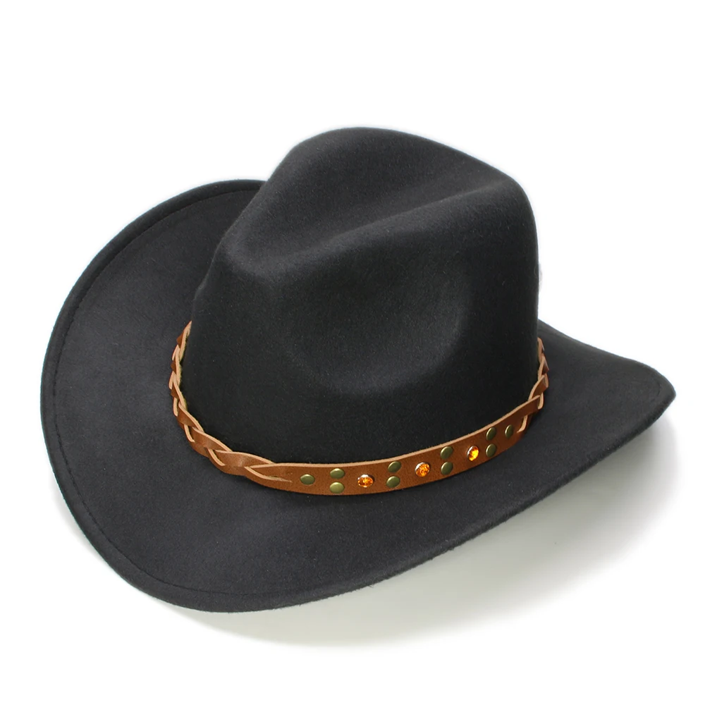 

Retro Turquoise Yellow Crystal Band Parent-child Unisex /Kid Wool Wide Brim Cowboy Western Hat Cowgirl Bowler Cap (57cm/54cm)