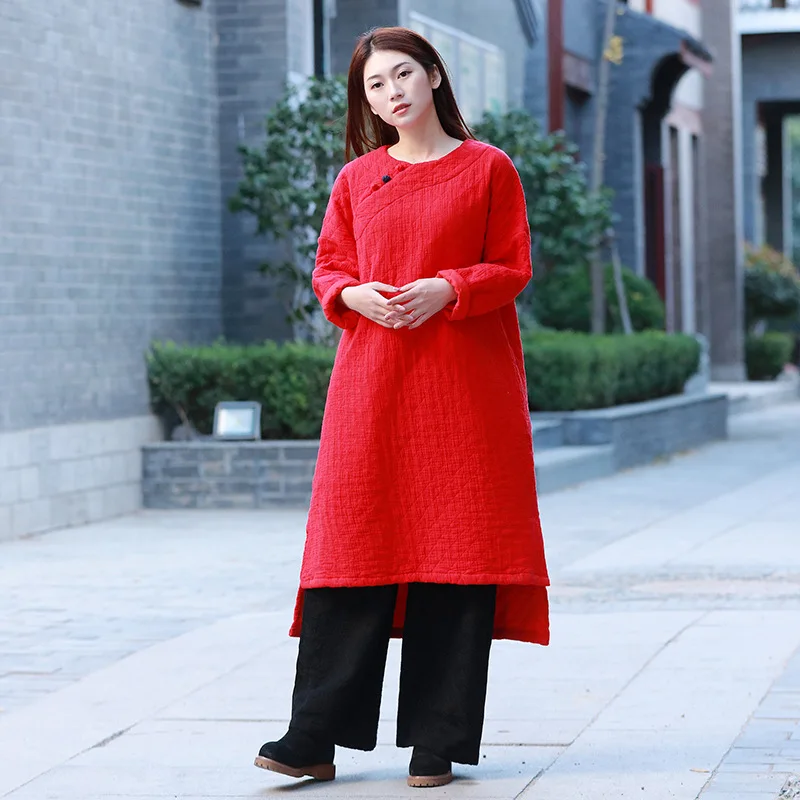 

2018 New women autumn winter long dresses cotton linen robe loose plus size ladies clothes retro long dress Top quality