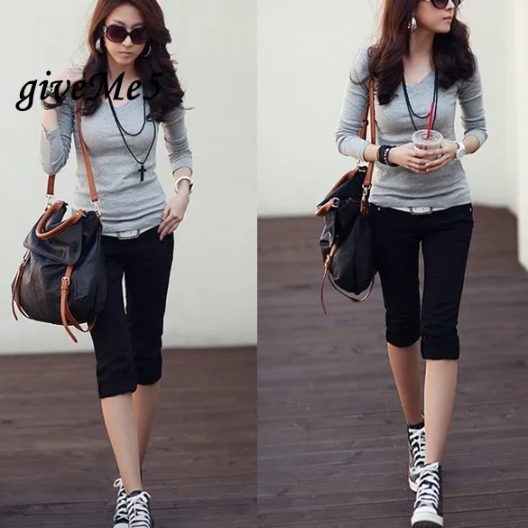 Корея Для женщин хлопок V Средства ухода за кожей шеи Футболка с длинными