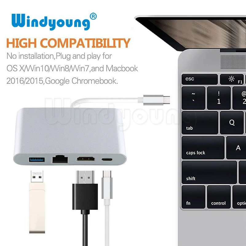 Адаптер концентратор 4 в 1 USB 3 Тип C к HDMI 4K Gigabit Ethernet RJ45 0 мультипортовый цифровой