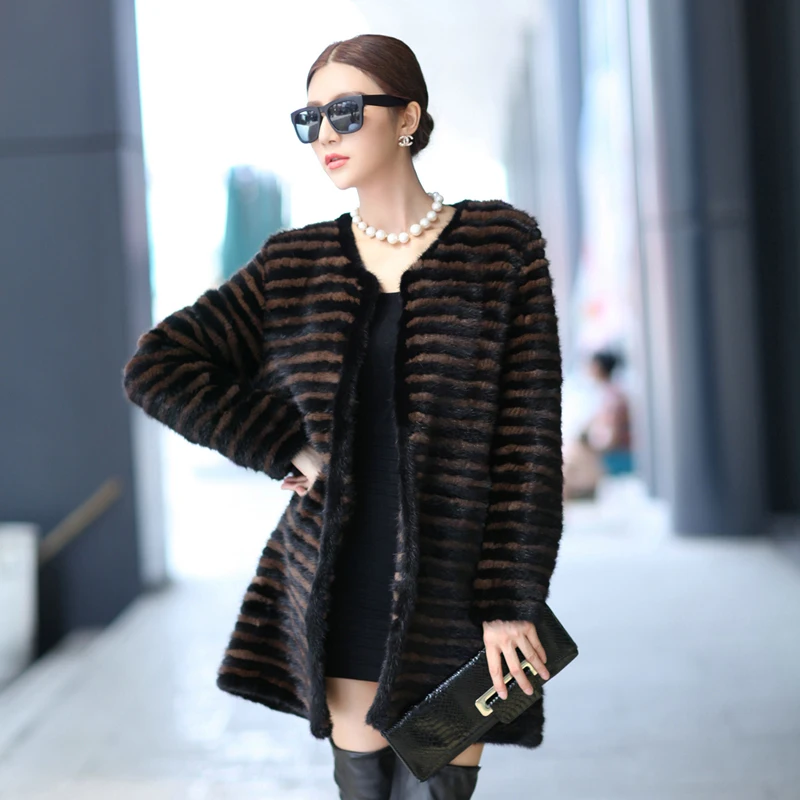 Winter Women's Genuine Real Knitted Mink Fur Coats Color Striped Lady Outerwear Garment VF0117 | Женская одежда