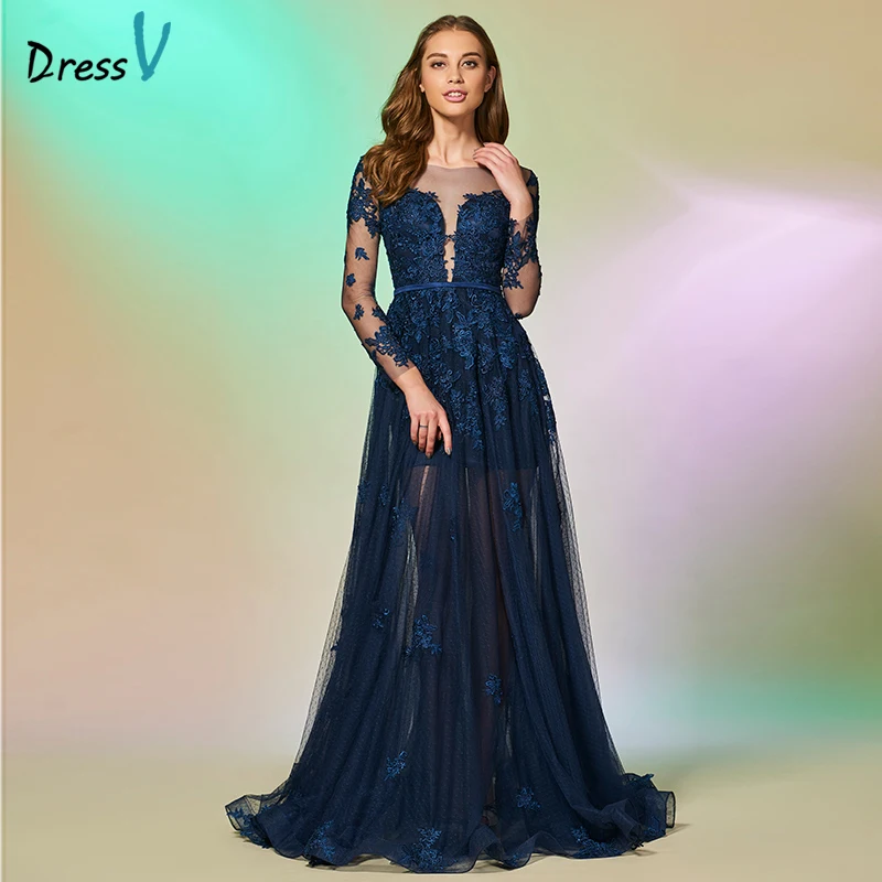 

Dressv dark navy long prom dress scoop neck a line long sleeves button appliques evening party gown prom dresses customize