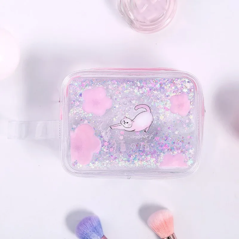 Фиолетовый Женские дорожные косметички из ПВХ для девочек Kawaii Cat прозрачные блестки вишневые косметички для макияжа ящик-органайзер для хранения - Цвет: Фиолетовый